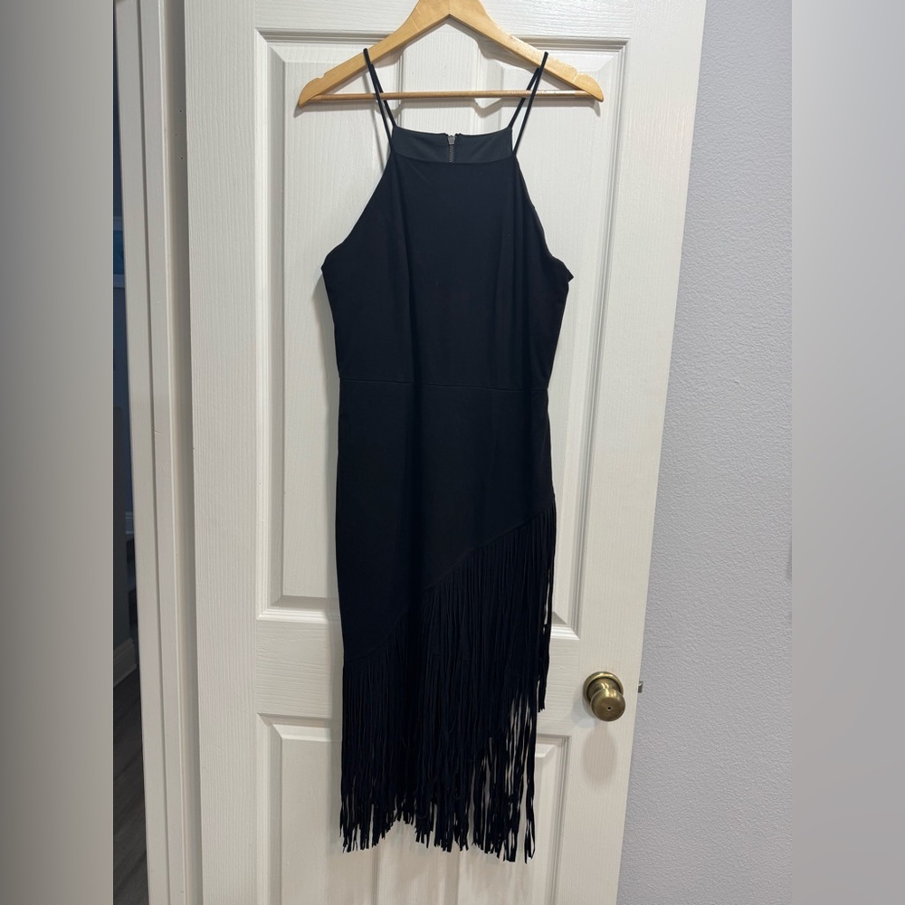 Alexia Admor high neck Black fringe faux suede dress